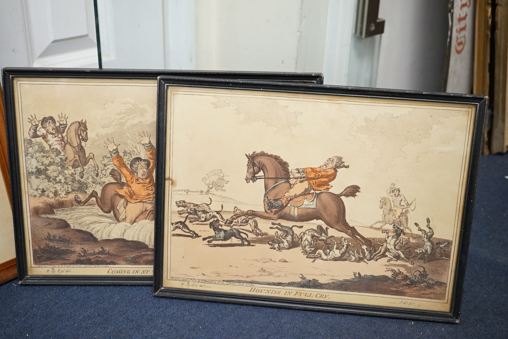 After James Gilray (1756-1815), pair of satirical aquatints, comprising 'Coming in at the death' and 'Hounds in full cry', published 8th April 1800 by H. Humphrey, London, 24 x 34cm. Condition - fair